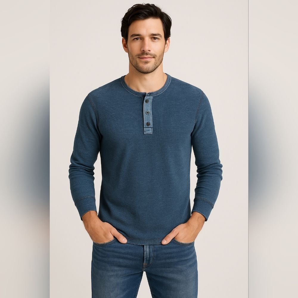 Lucky Brand Men's Indigo Blue Long Sleeve Henley Shirt Snap Thermal L Base layer
